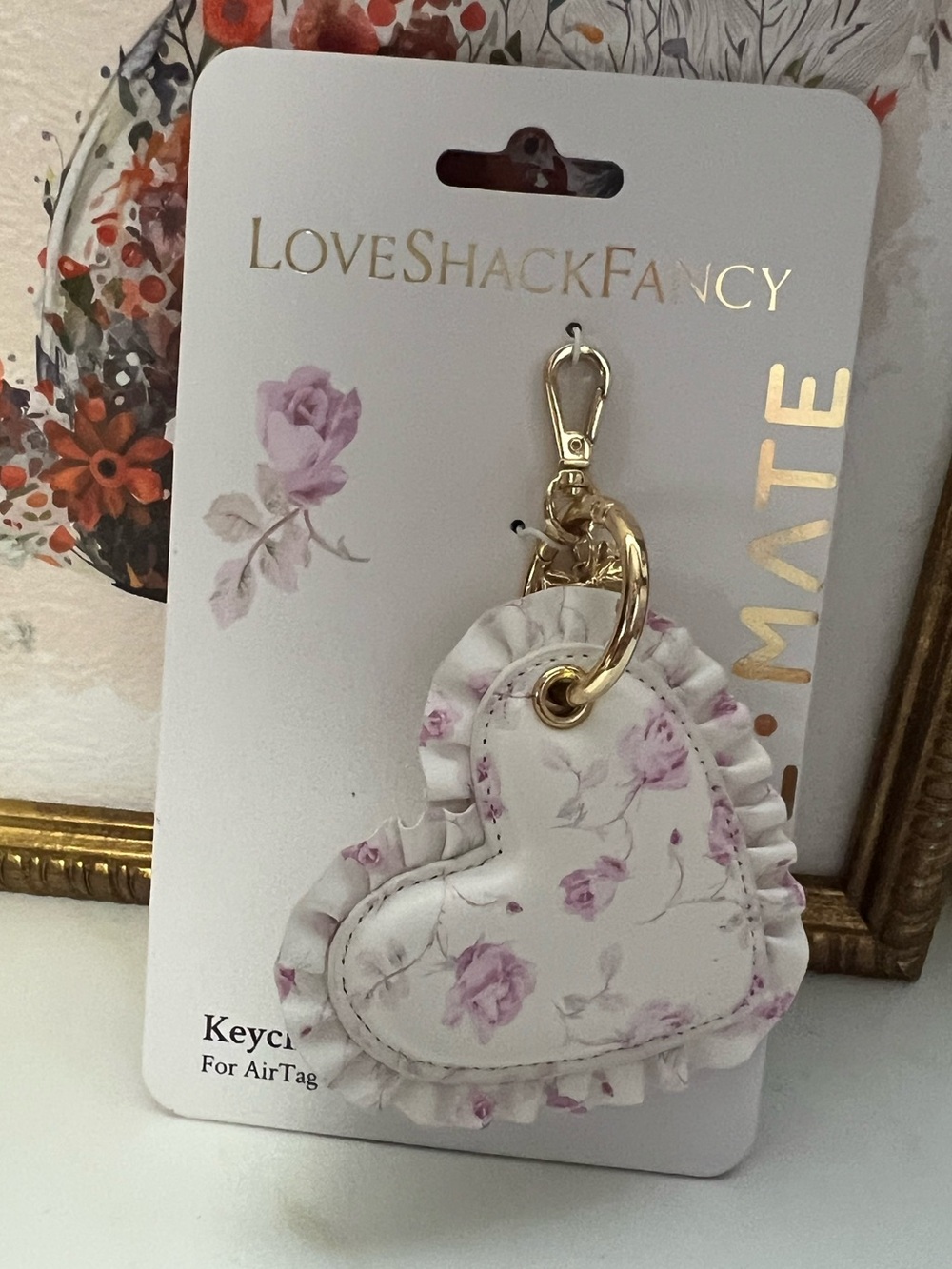 LoveShackFancy White & Pink Floral Heart Key and Card Holder with Gold Hardware